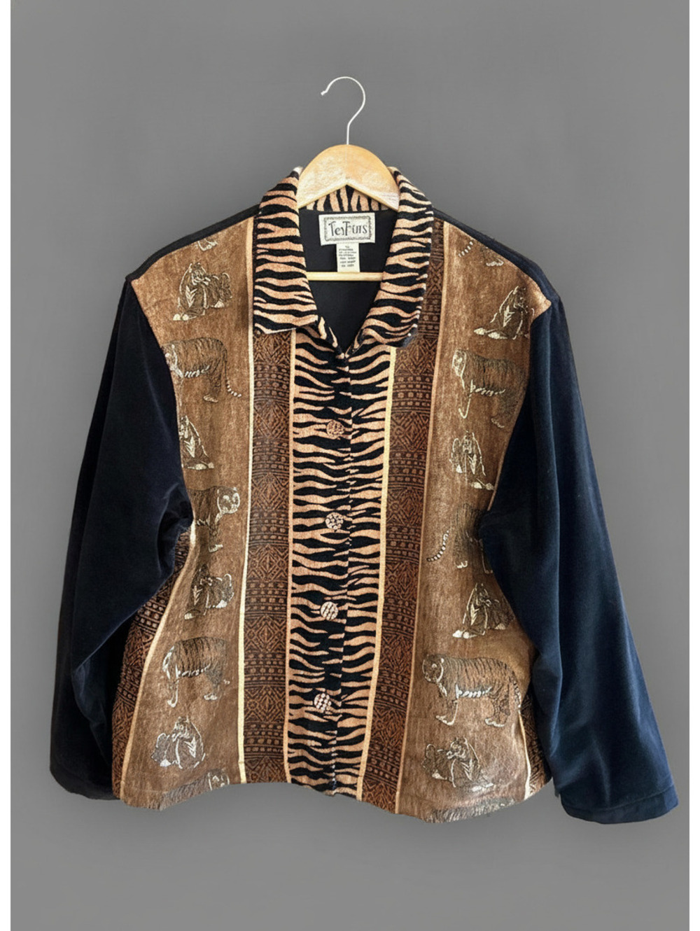 Vintage Tantrums XL Brown Animal Print Button Up Jacket Velvet Sleeves Boho Chic